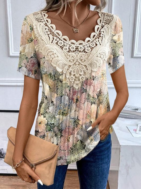 Women's Short Sleeve Blouse Summer Floral Lace Jersey Crew Neck Daily Going Out Casual Top Yellow