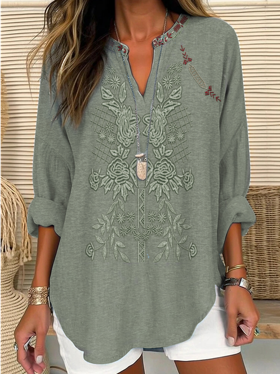 Women's Long Sleeve Blouse Spring/Fall Floral V Neck Daily Going Out Casual Top Green
