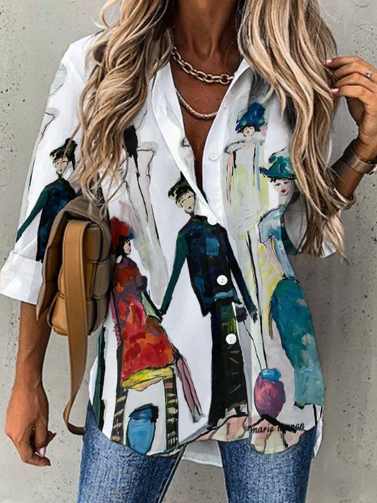 Women's Half Sleeve Blouse Summer Cartoon Shirt Collar Daily Going Out Casual Top White