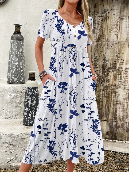 Women's Short Sleeve Summer Floral Buckle Dress Crew Neck Daily Going Out Casual Maxi A-Line White