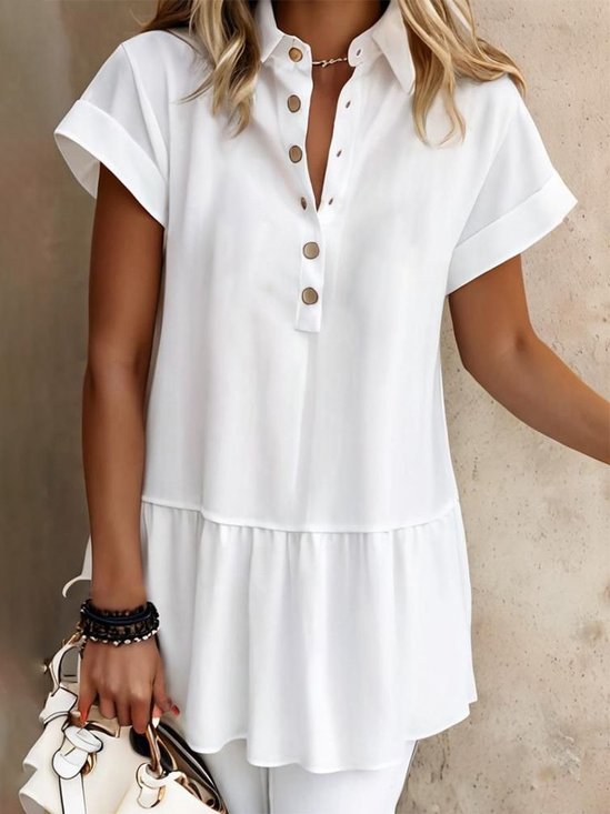 Women's Short Sleeve Shirt Summer Plain Shirt Collar Daily Going Out Casual Top White
