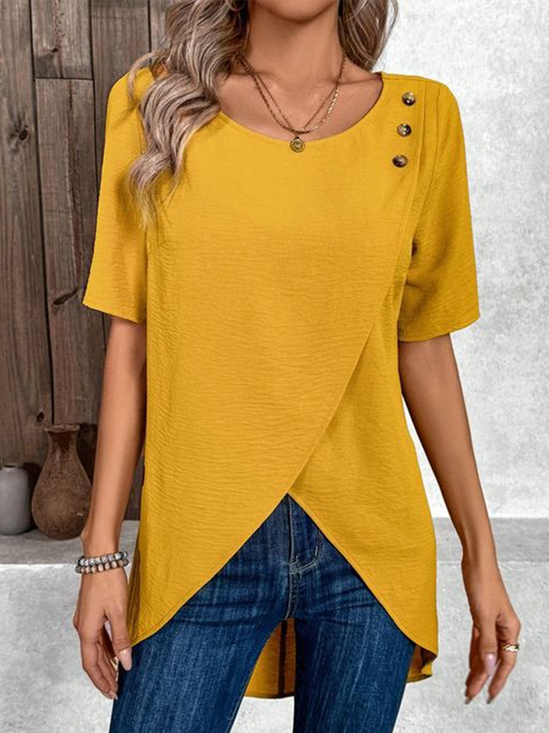 Women's Short Sleeve Blouse Summer Plain Buckle Crew Neck Daily Going Out Casual Top Yellow