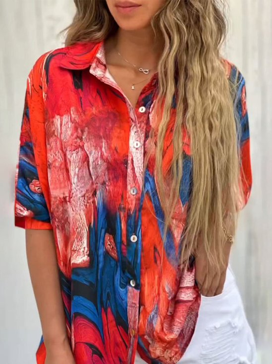 Women's Half Sleeve Shirt Summer Abstract Shirt Collar Daily Going Out Casual Top Red