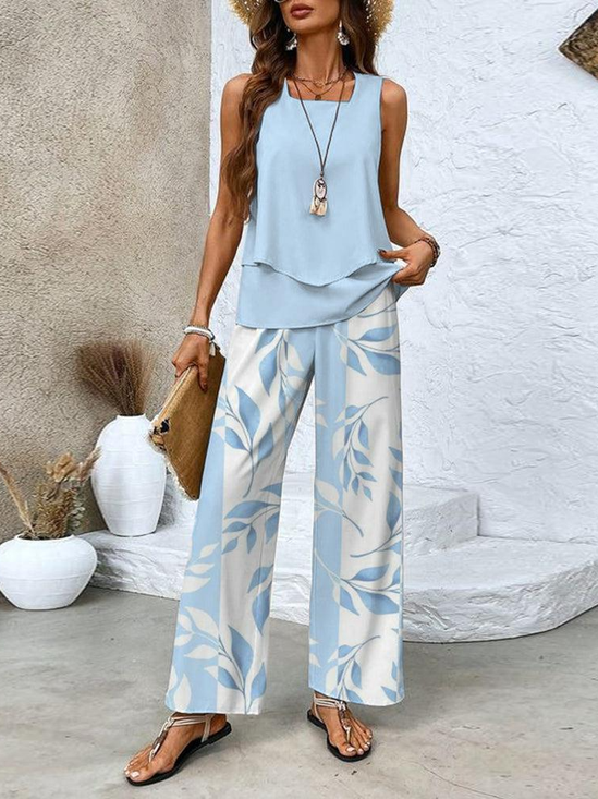 Women's Leaf Daily Going Out Two Piece Set Sleeveless Casual Summer Top With Pants Matching Set Light Blue