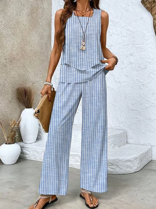 Women's Cotton Striped Daily Going Out Two Piece Set Sleeveless Casual Summer Top With Pants Matching Set Blue