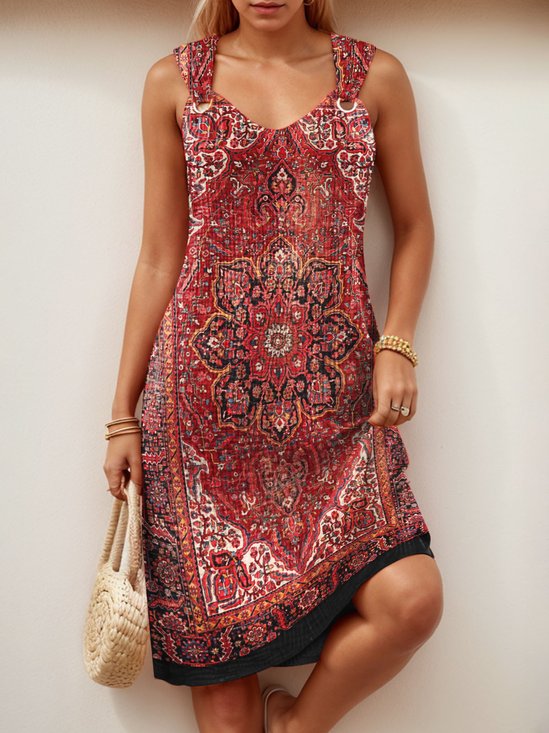 Women's Sleeveless Summer Ethnic Boat Neck Daily Going Out Casual Knee Length A-Line Tank Red