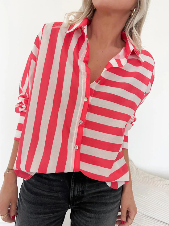 Women's Long Sleeve Shirt Spring/Fall Striped Shirt Collar Daily Going Out Casual Top Red