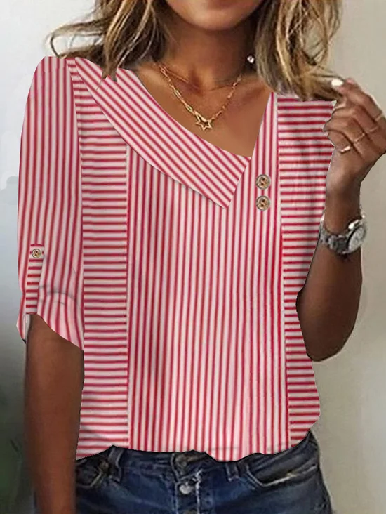 Women's Three Quarter Sleeve Tee T-shirt Spring/Fall Striped Buckle Knitted Asymmetrical Daily Going Out Casual Top Red