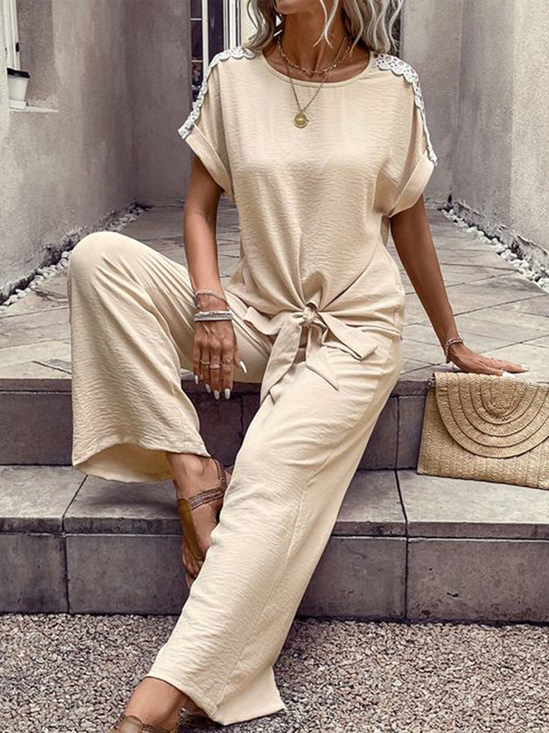 Women's Lace Edge Plain Daily Going Out Two Piece Set Short Sleeve Casual Summer Top With Pants Matching Set Khaki