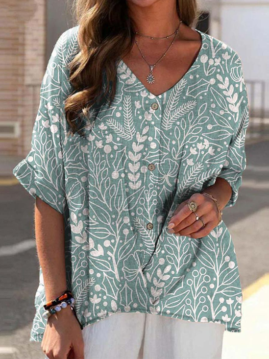 Women's Half Sleeve Blouse Summer Floral Buckle V Neck Daily Going Out Casual Top Green