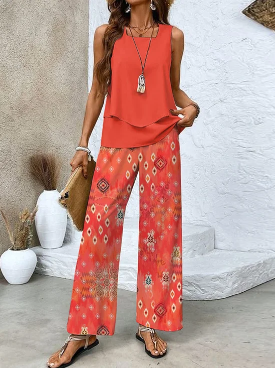 Women's Folds Ethnic Daily Going Out Two Piece Set Sleeveless Casual Summer Top With Pants Matching Set Orange