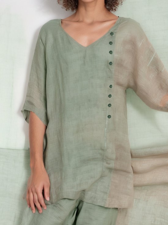 Women's Half Sleeve Blouse Summer Plain Buckle Cotton And Linen V Neck Daily Going Out Casual Top Green