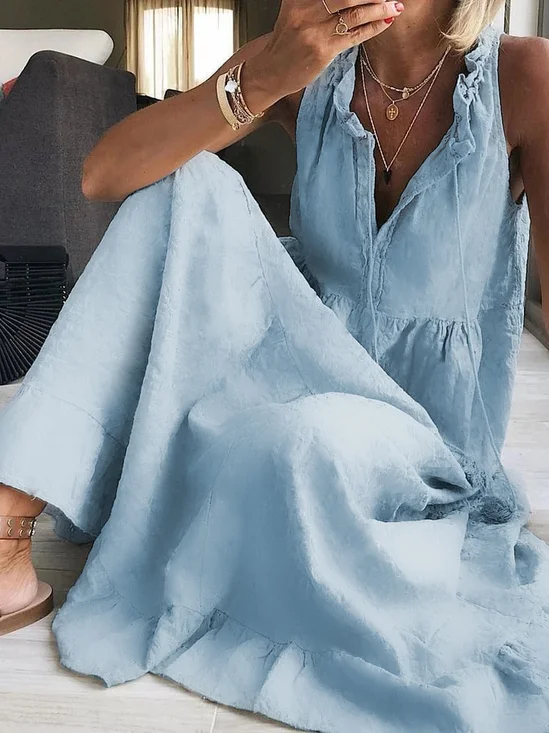 Women's Sleeveless Summer Plain Jacquard Cotton Dress V Neck Daily Going Out Casual Maxi A-Line Blue