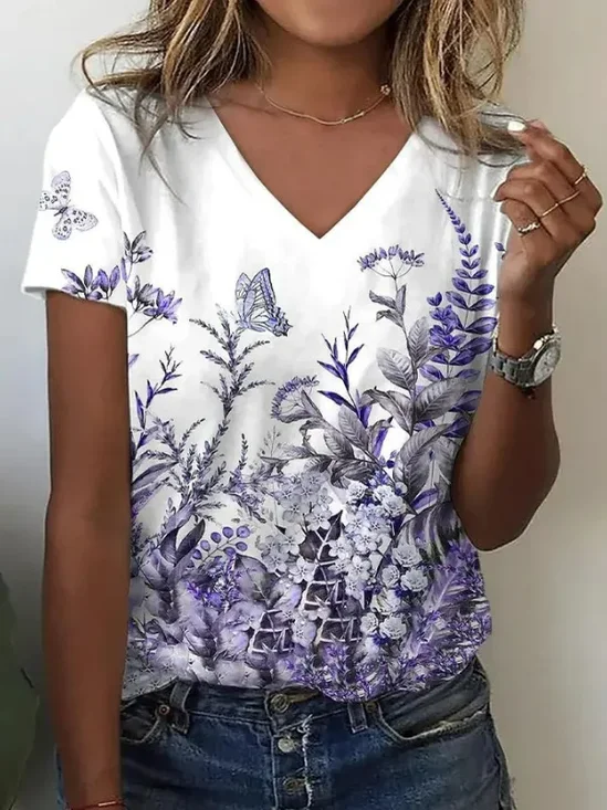 Women's Short Sleeve Tee T-shirt Summer Floral V Neck Daily Going Out Casual Top Purple