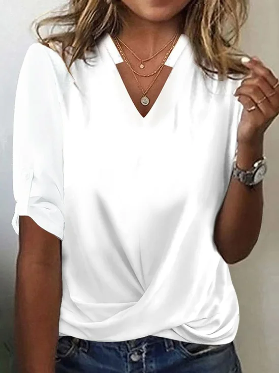Women's Three Quarter Sleeve Tee T-shirt Spring/Fall Plain Knot Front V Neck Daily Going Out Casual Top White
