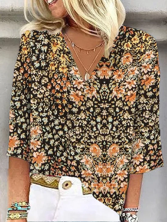 Women's Three Quarter Sleeve Blouse Spring/Fall Floral V Neck Daily Going Out Casual Top Khaki