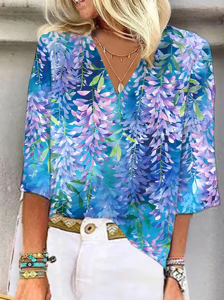 Women's Half Sleeve Blouse Summer Floral V Neck Daily Going Out Casual Top Blue