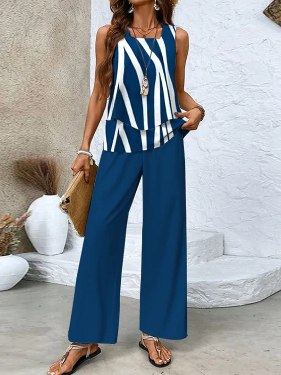 Women's Color Block Daily Going Out Two Piece Set Sleeveless Casual Summer Top With Pants Matching Set Dark Blue