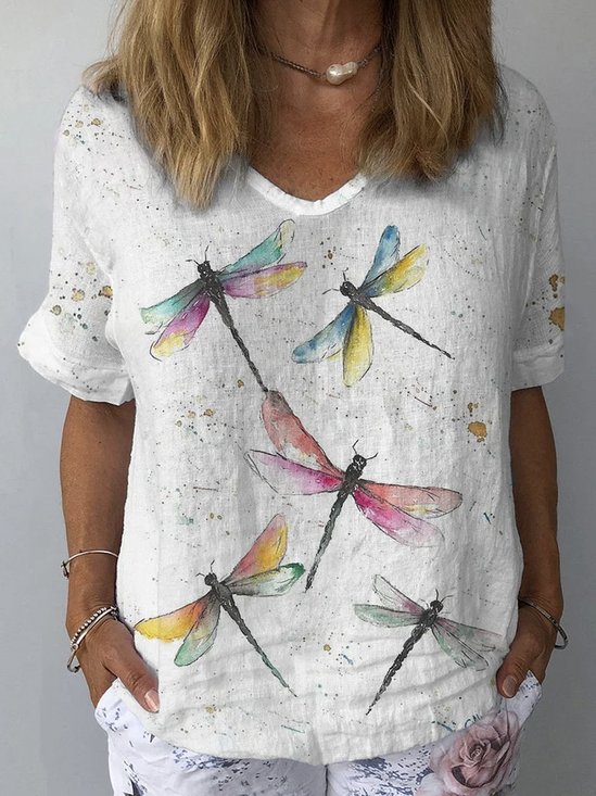 Women's Short Sleeve Blouse Summer Dragonfly V Neck Daily Going Out Casual Top Apricot
