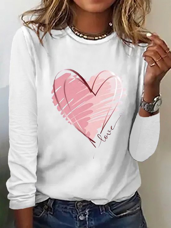 Women's Long Sleeve Tee T-shirt Spring/Fall Heart/Cordate Cotton-Blend Crew Neck Daily Going Out Casual Top White