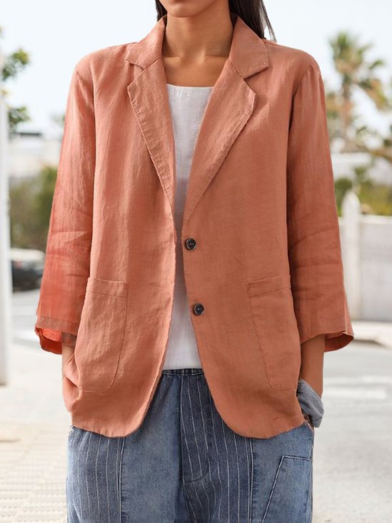 Casual Plain Cotton And Linen Blazer