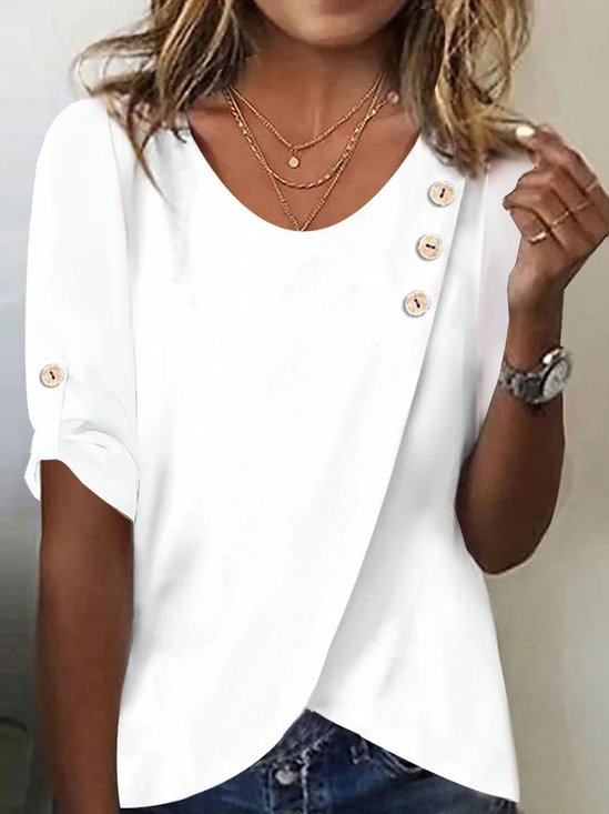Women's Three Quarter Sleeve Tee T-shirt Spring/Fall Plain Buckle Cotton Crew Neck Daily Going Out Casual Top White