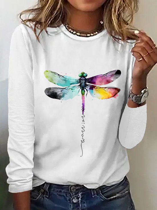 Women's Long Sleeve Tee T-shirt Spring/Fall Dragonfly Cotton Crew Neck Daily Going Out Casual Top Blue