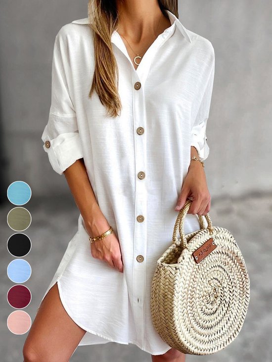 Women's Long Sleeve Spring/Fall Plain Buckle Dress V Neck Daily Going Out Casual Midi H-Line Shirt Dress White