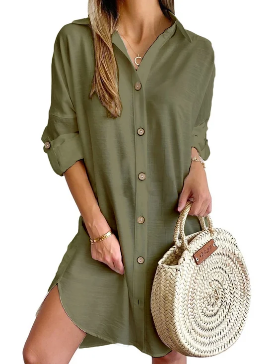 Women's Long Sleeve Spring/Fall Plain Buckle Dress V Neck Daily Going Out Casual Midi H-Line Shirt Dress White