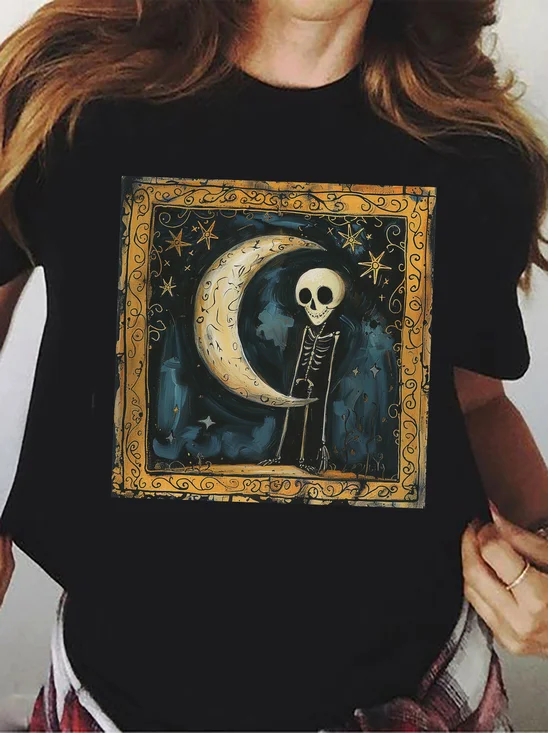 Women's Short Sleeve Tee T-shirt Summer Skull Printing Cotton Crew Neck Daily Going Out Vintage Top Black