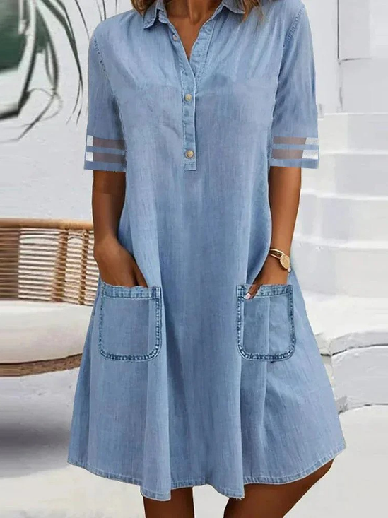 Women's Half Sleeve Summer Plain Pocket Stitching Denim Dress Shirt Collar Daily Going Out Casual Midi H-Line Shirt Dress Blue