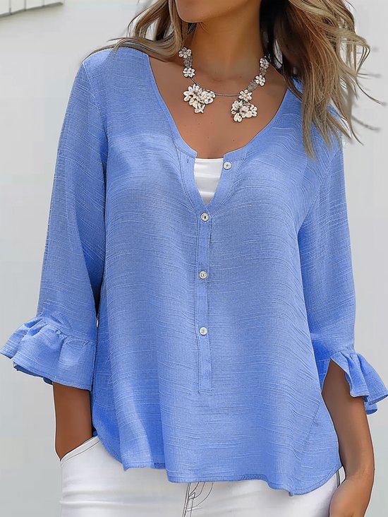 Women's Three Quarter Sleeve Blouse Spring/Fall Plain Buckle Notched Bell Sleeve Daily Going Out Casual Top Light Blue