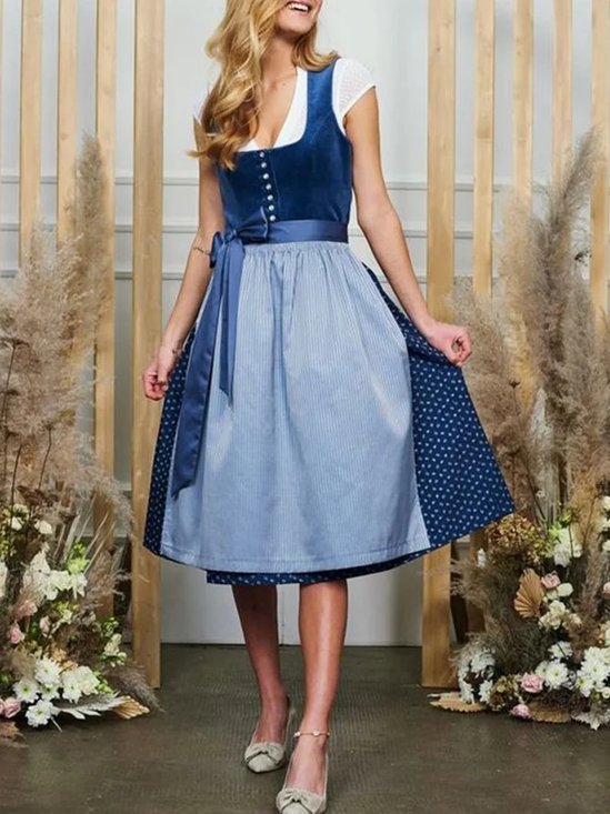 Women's Short Sleeve Summer Polka Dots Bow Dress Square Neck Party Going Out Vintage Midi X-Line Blue