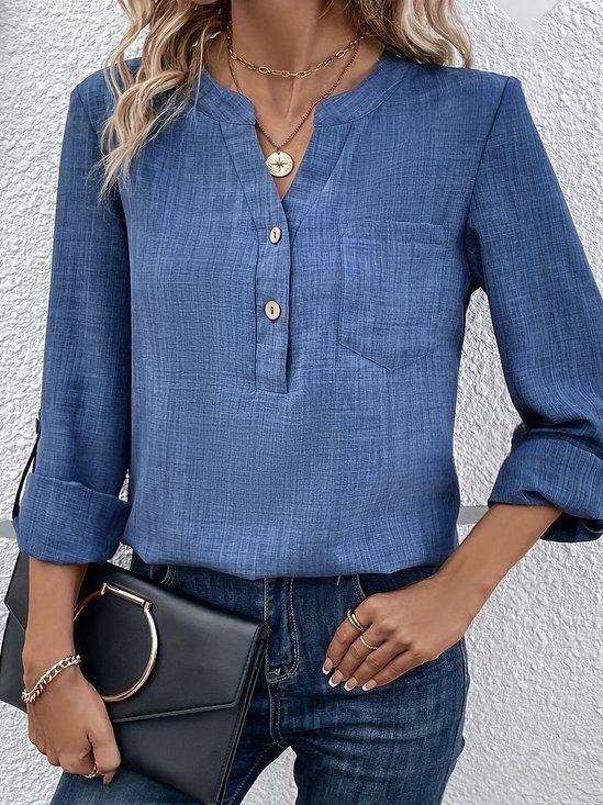 Women's Long Sleeve Blouse Spring/Fall Plain Buckle Notched Daily Going Out Casual Top Navyblue