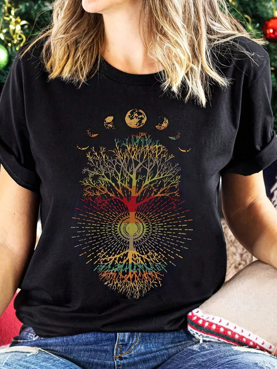 Women's Short Sleeve Tee T-shirt Summer Tree Printing Cotton Crew Neck Daily Going Out Casual Top Black