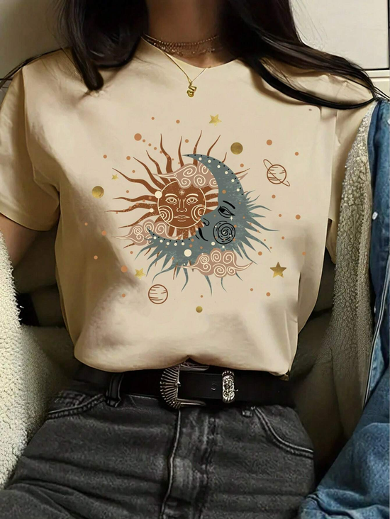 Women's Short Sleeve Tee T-shirt Summer Sun Printing Cotton Crew Neck Daily Going Out Casual Top Khaki