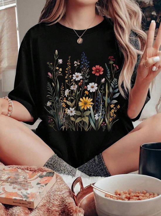 Women's Short Sleeve Tee T-shirt Summer Floral Printing Cotton Crew Neck Daily Going Out Casual Top Black