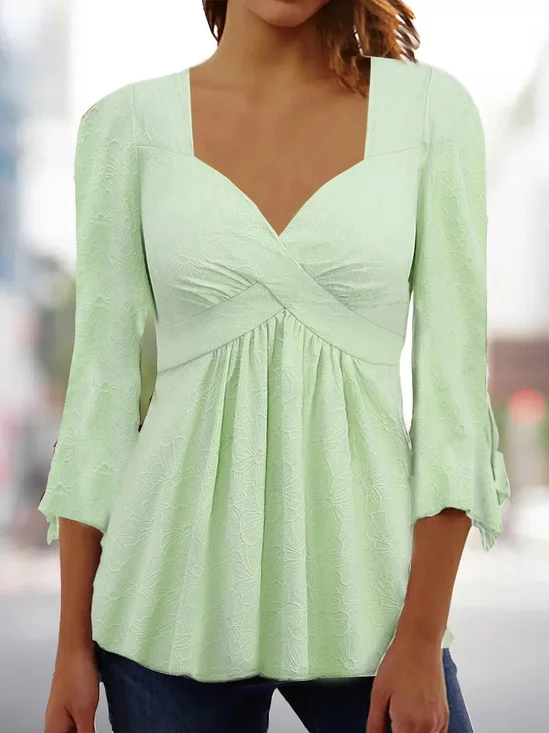 Women's Three Quarter Sleeve Blouse Spring/Fall Plain Jersey Sweetheart Neckline Daily Going Out Casual Top Lightgreen