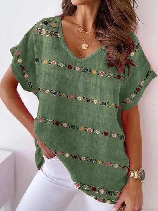 Women's Short Sleeve Blouse Summer Floral Printing V Neck Daily Going Out Casual Top Green