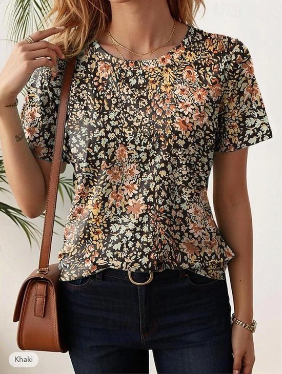 Women's Short Sleeve Tee T-shirt Summer Floral Jersey Crew Neck Daily Going Out Casual Top Brown