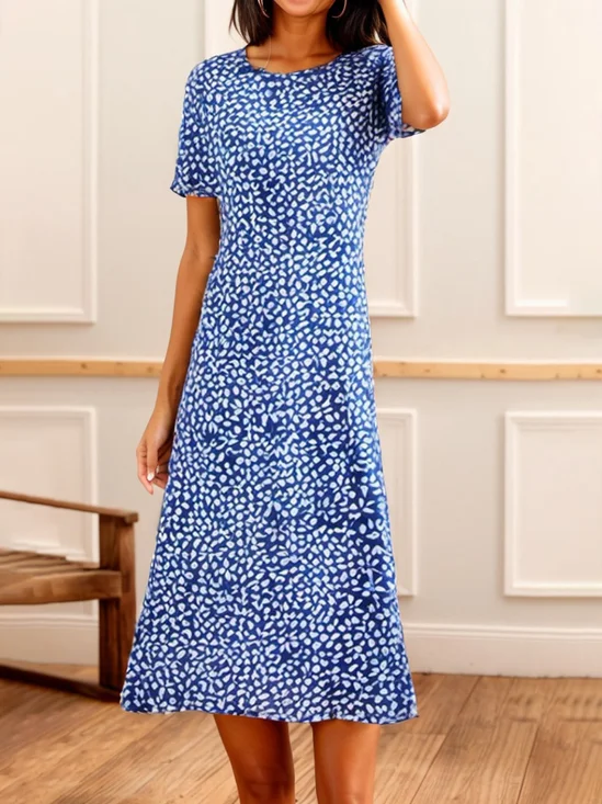 Women's Short Sleeve Summer Polka Dots Dress Crew Neck Daily Going Out Casual Midi A-Line Blue