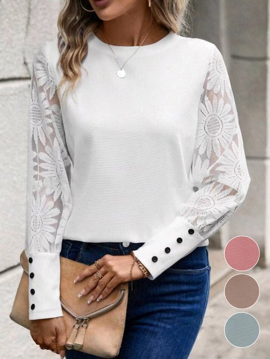 Women's Long Sleeve Tee T-shirt Spring/Fall Plain Buckle Lace Crew Neck Daily Going Out Casual Top Pink