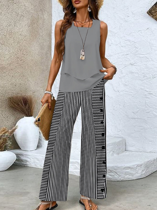 Women's Buckle Striped Daily Going Out Two Piece Set Sleeveless Casual Summer Top With Pants Matching Set Black