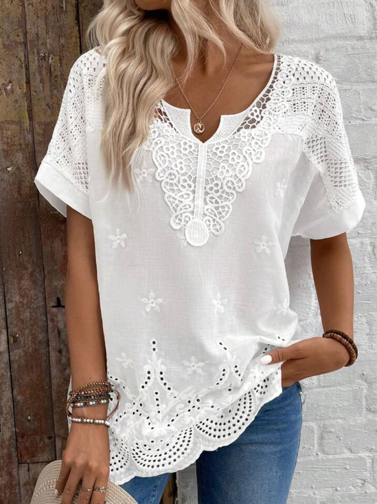 Women's Short Sleeve Blouse Summer Dragonfly Lace Cotton V Neck Daily Going Out Casual Top