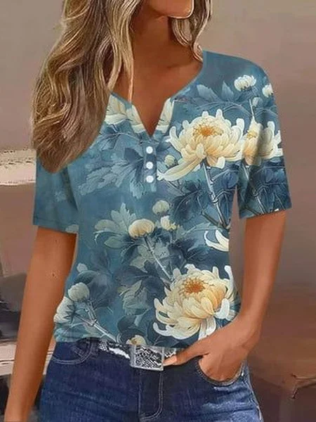 Women's Short Sleeve Blouse Summer Floral Jersey V Neck Daily Going Out Casual Top Blue