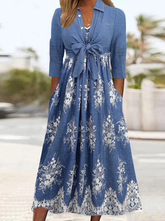 Women's Bow Floral Daily Going Out Two Piece Set Half Sleeve Casual Summer Dress With Coat Matching Set Blue