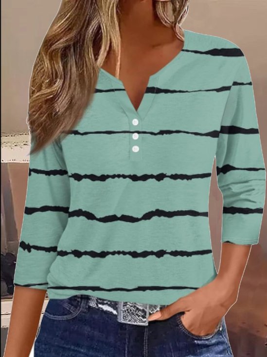 Women's Three Quarter Sleeve Tee T-shirt Spring/Fall Abstract Stripes Jersey Notched Daily Going Out Casual Top Green