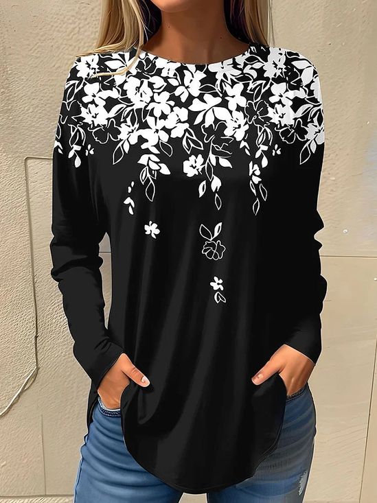 Women's Long Sleeve Tee T-shirt Spring/Fall Floral Lace Crew Neck Daily Going Out Casual Top Yellow