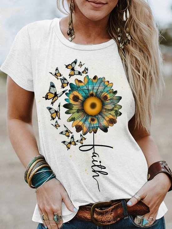 Women's Short Sleeve Tee T-shirt Summer Sunflower Printing Cotton Crew Neck Daily Going Out Vintage Top White