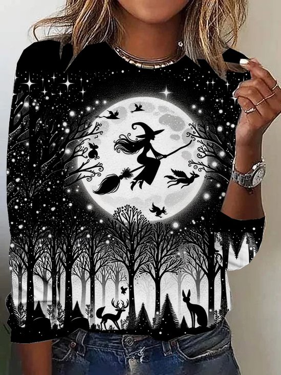 Women's Long Sleeve Tee T-shirt Spring/Fall Halloween Jersey Crew Neck Holiday Going Out Casual Top Black
